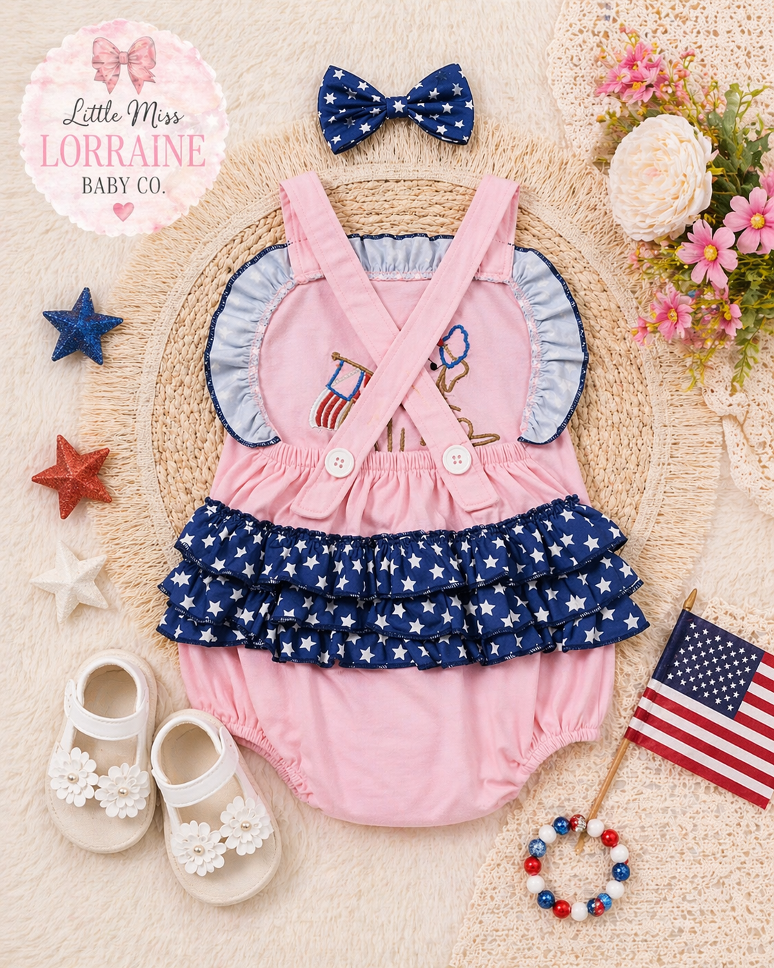 Pink Patriotic Pup Ruffle Bubble Romper