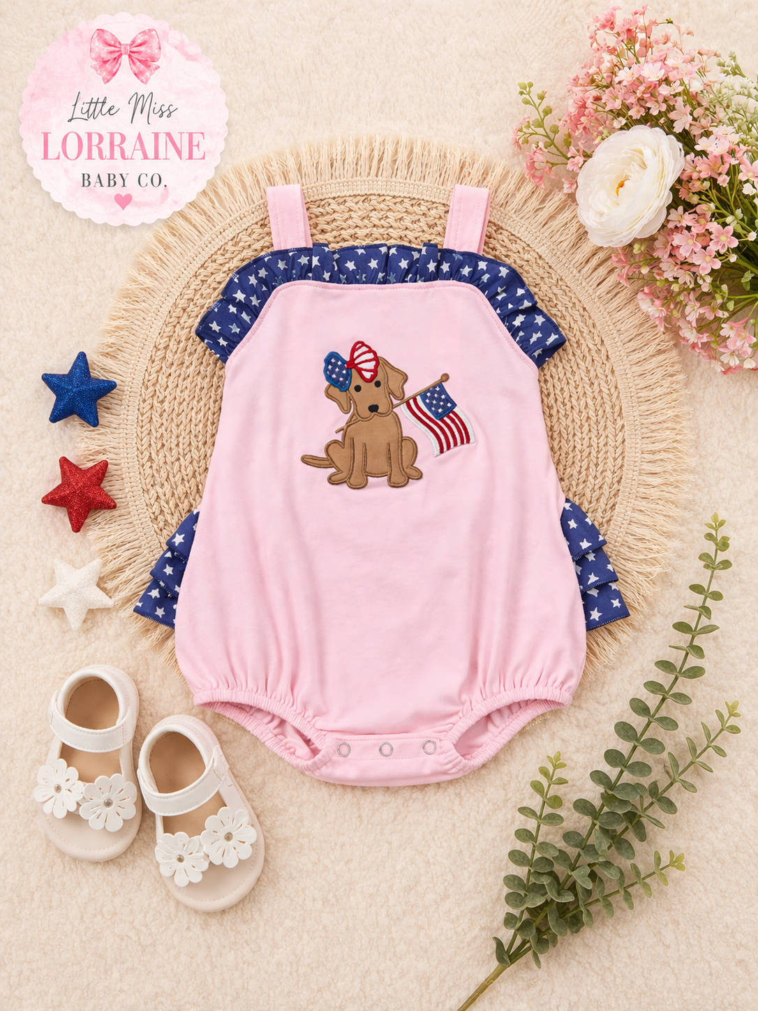 Pink Patriotic Pup Ruffle Bubble Romper