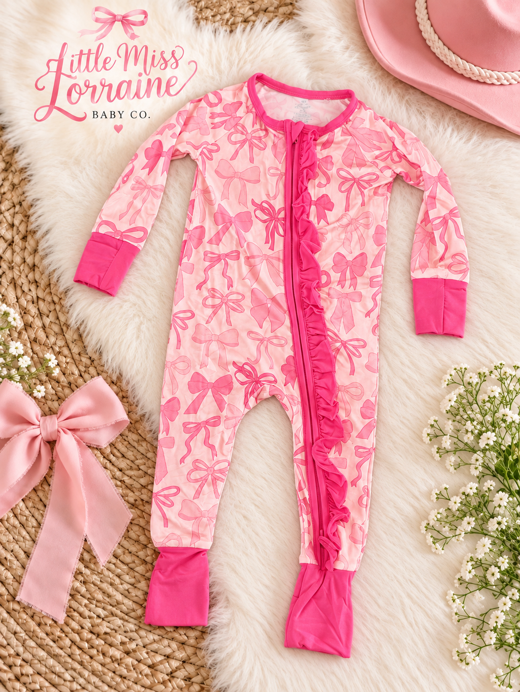 Pretty in Bows Bamboo Ruffle Zippie